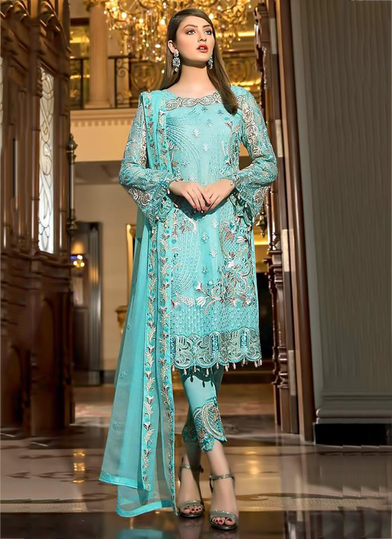 Fancy Cotton Net Stitched Suit BLUE Pakistani Indian Party Wear and for EID 