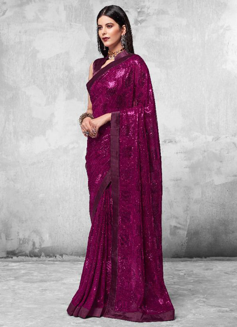 partywear wine sequins work georgette saree