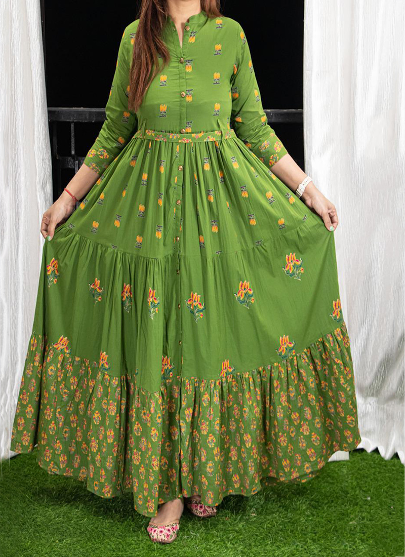 Naaz Falak  Hand Block Mughal Printed Long Cotton Embroidered Dress    InduBindu