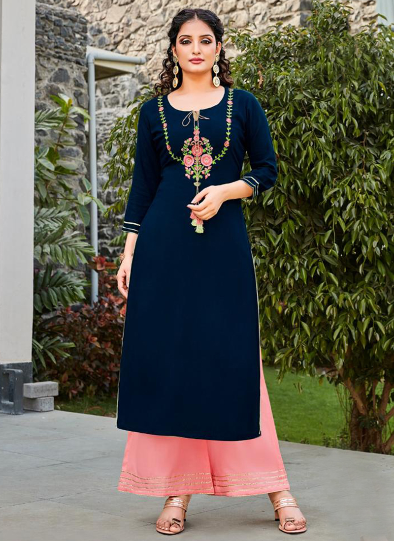 Daily Wear Navy Blue Printed Work Rayon Kurti Diva1 1002