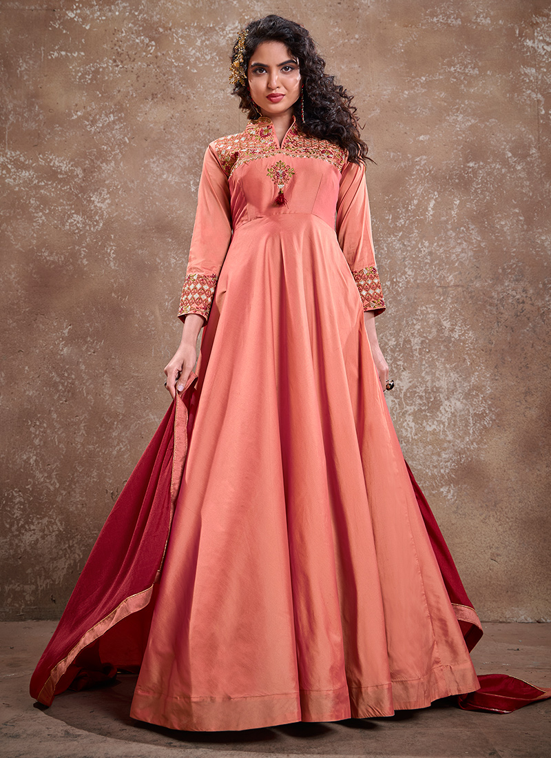 Peach Readymade Embroidered Gown With Attached Dupatta 275GW01