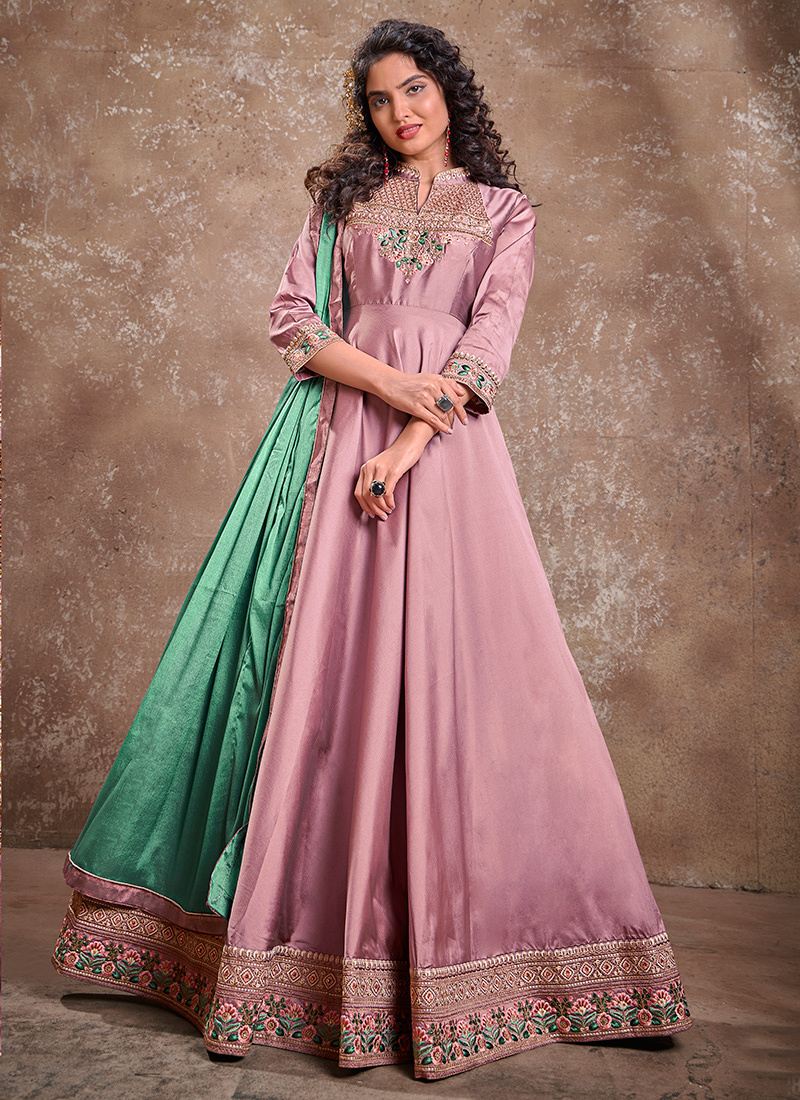 Buy Party Wear Pink Embroidery Work Silk Gown With Dupatta