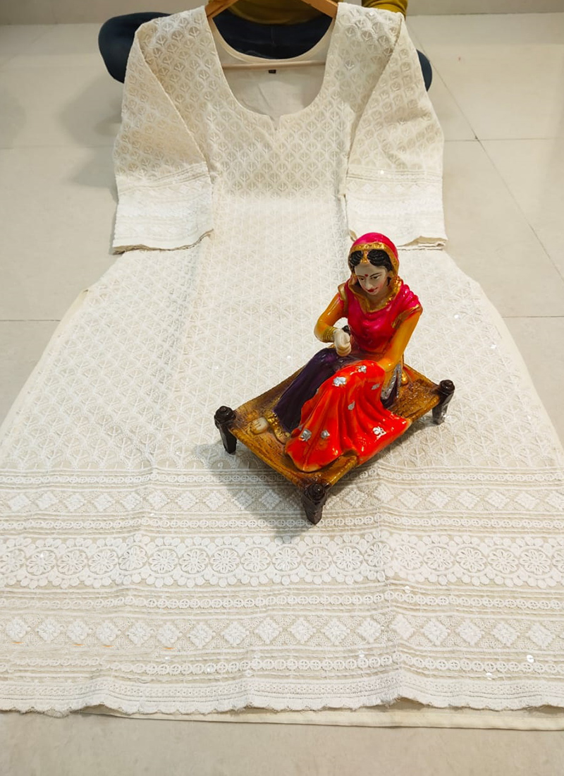 Silakaari Women's Cotton Chikan White Kurti Palazzo Set | Silakaari |