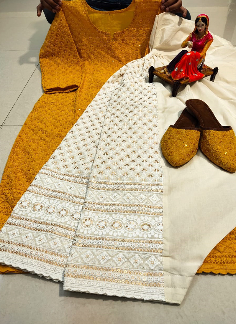 Cotton Stitched Yellow Chikan Kurti With Palazzo, Handwash at Rs 800/piece  in Bengaluru