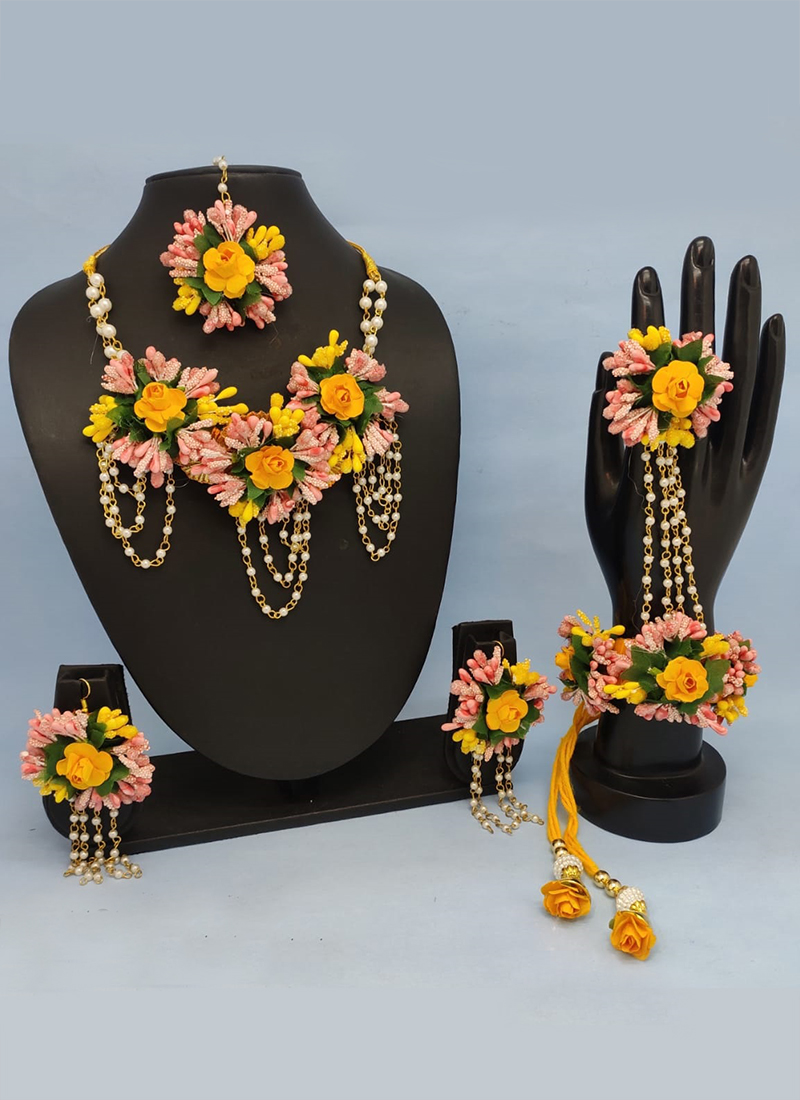 Buy Pink AndGreen Flower Jewellery For Haldi And Baby Shower Online