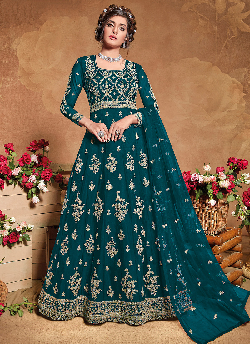 Buy Reception Wear Rama Embroidery Work Net Anarkali Suit Online From ...