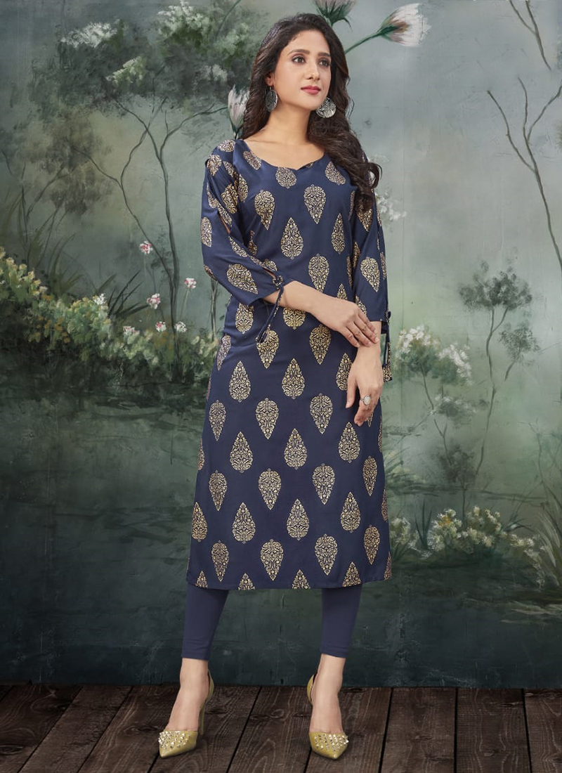 Electic Blue Printed Rayon Embroidered A-Line Kurti