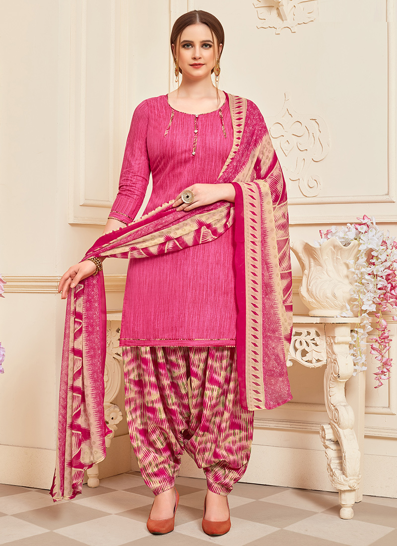 Buy Daily Wear Pink Printed Work Cotton Patiyala Suit Online From ...