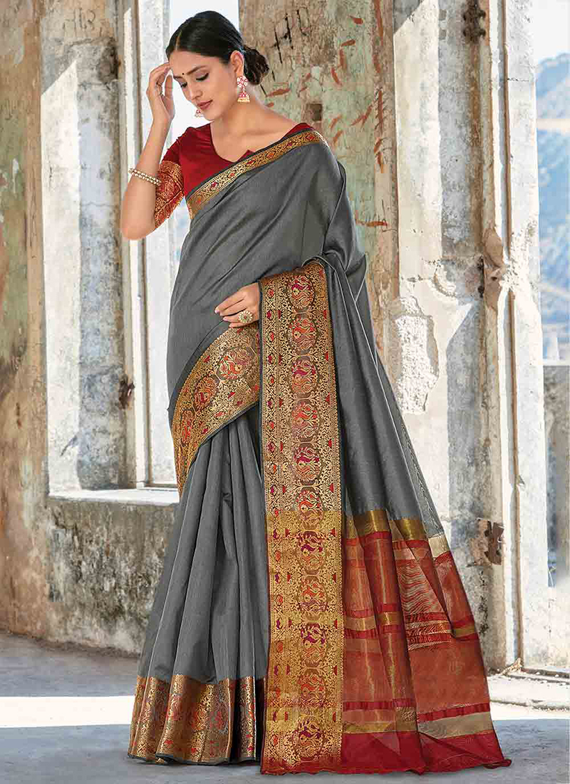 Handloom silk Grey Weaving Trendy Saree