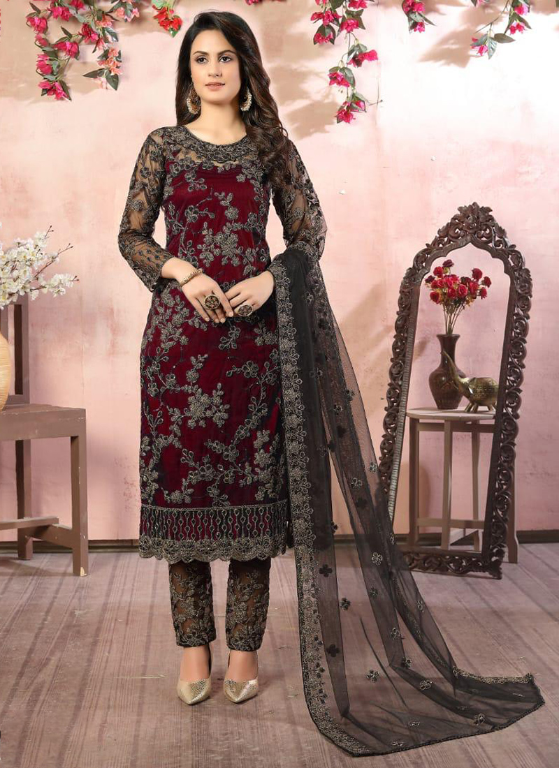 Buy Festival Wear Maroon Embroidery Work Net Churidar Suit Online From  Surat Wholesale Shop.