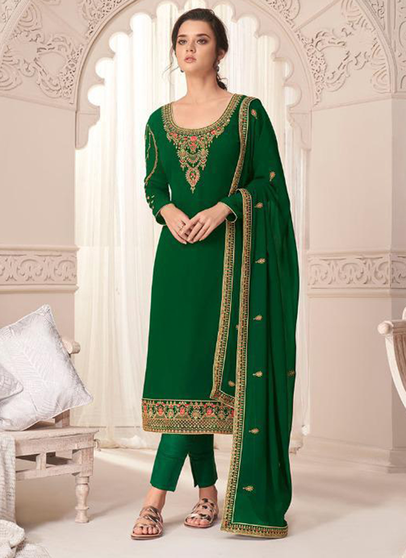 Buy Festival Wear Dark Green Embroidery Work Real Georgette