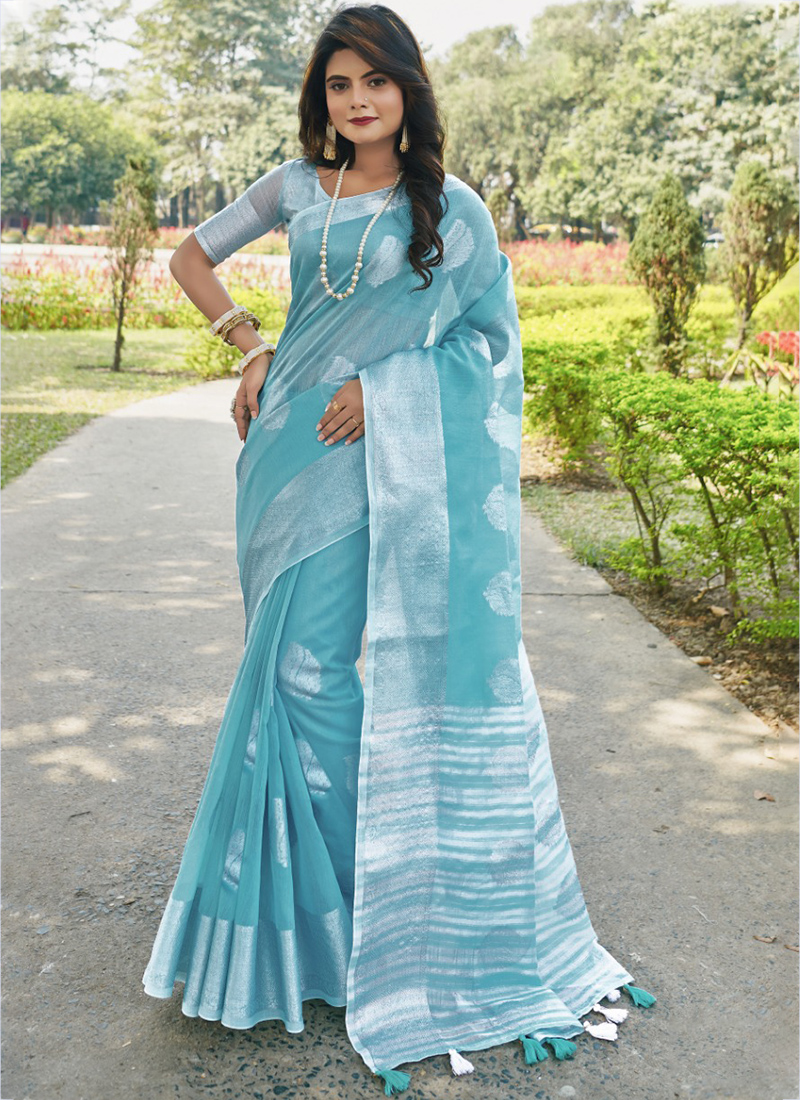 Wholesale Printed Cotton Sky Blue Saree With Woven Zari Border|SARV148255