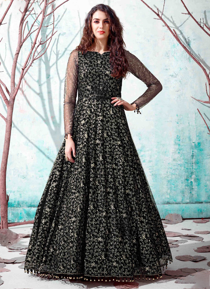 Party Wear Black Metalic Printed Net Gown Catalog