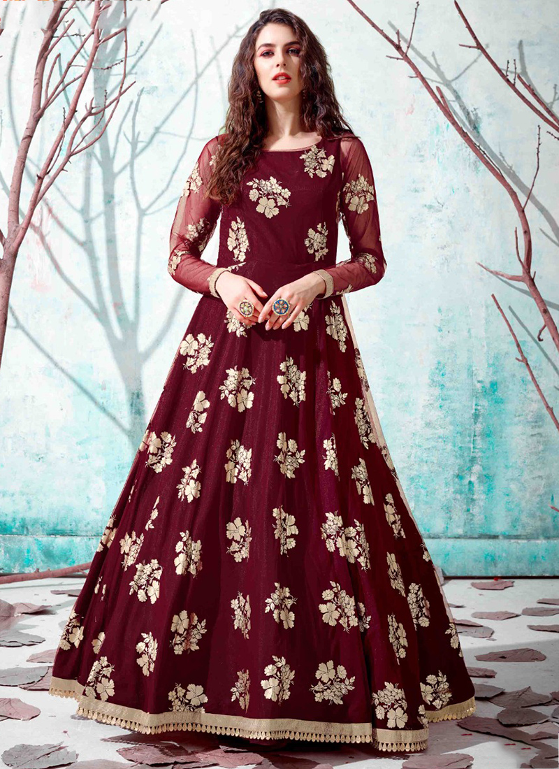 Shop Online Brown Party Net Readymade Gown : 228325 -