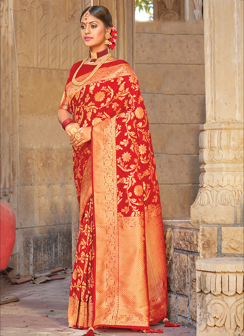 Buy Festival Wear Red Weaving Pure Silk Stylish Saree Online ...