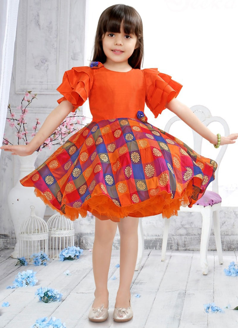 Candy Orange Color Designer Western Wear Baby Girls Dress