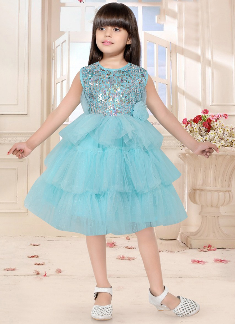 Sky Blue Party Wear Fancy Knee Length Baby Dress (Set Of 4 pcs) Catalog