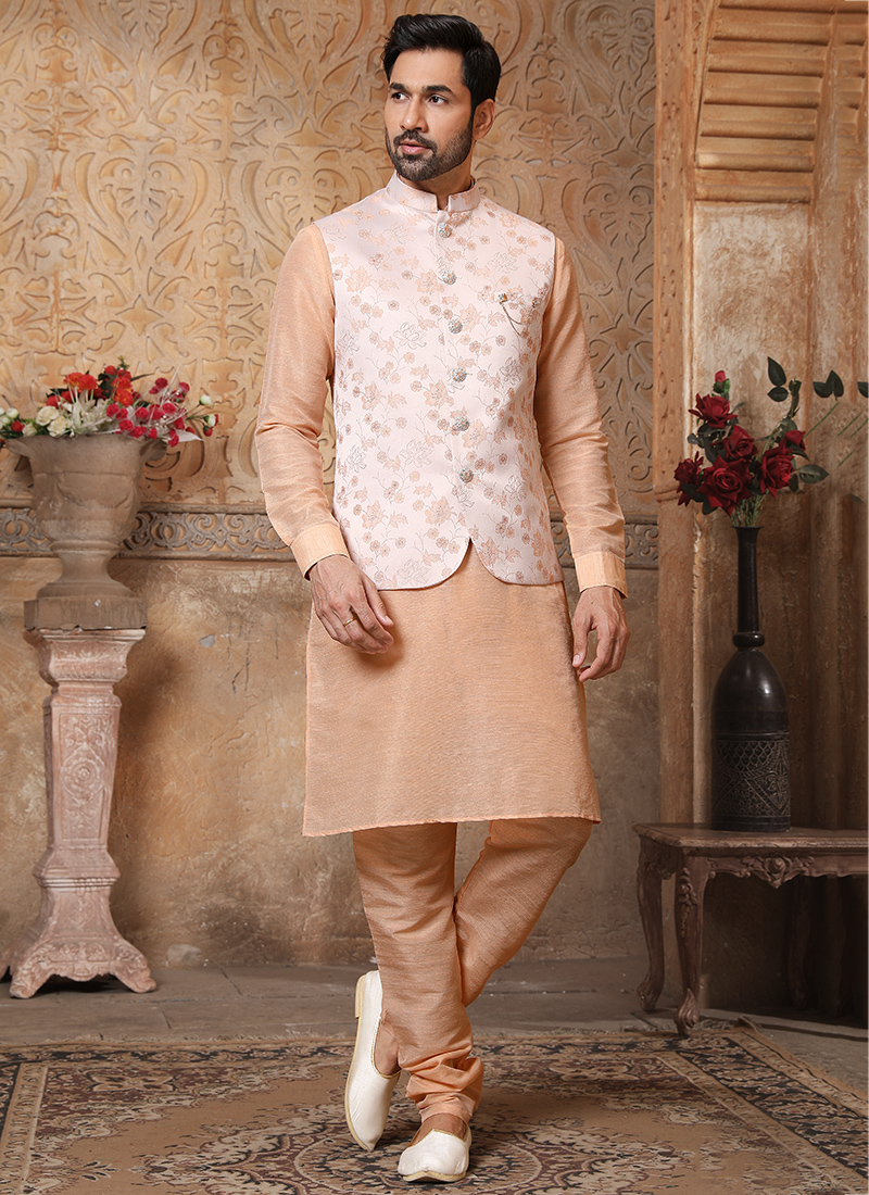 Beige  Kurta Art Embroidered Banarasi Silk Aligadhi Pant main image 0