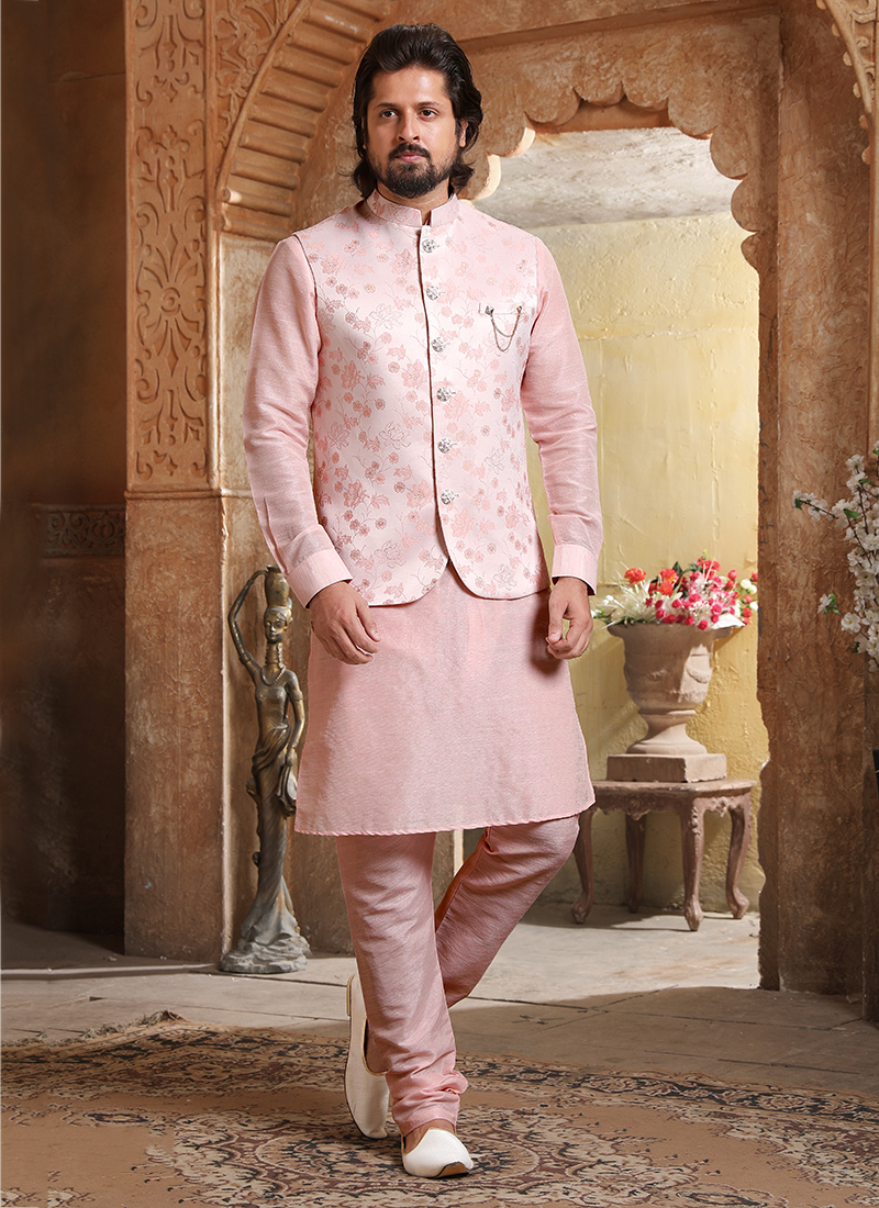 Gold Kurta Art Embroidered Banarasi Silk Aligadhi Pant main image 0