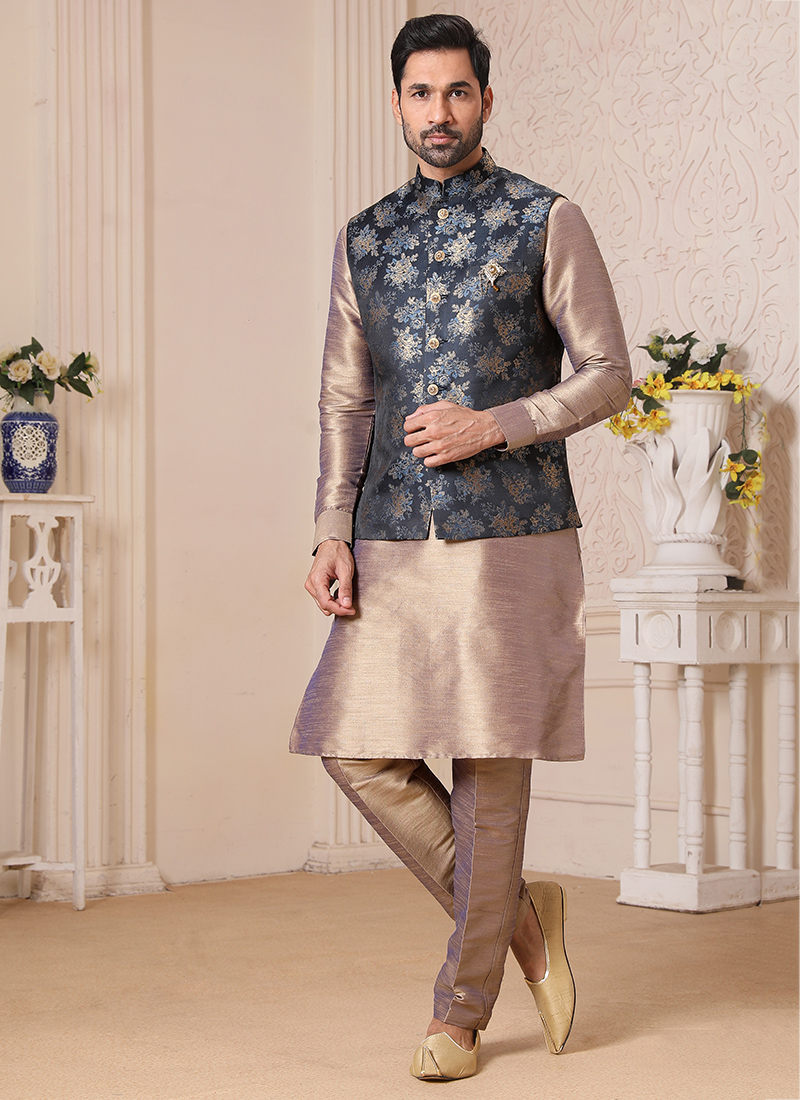 Black Kurta Art Silk With Mirror Work Aligadhi Pant main image 1