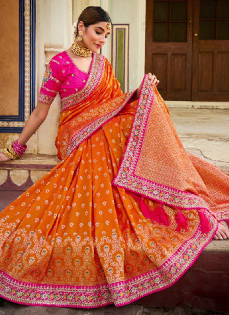 Akhilam Handloom Sarees : Buy Akhilam Women's Georgette Orange Woven  Designer Saree with Unstitched Blouse Online | Nykaa Fashion