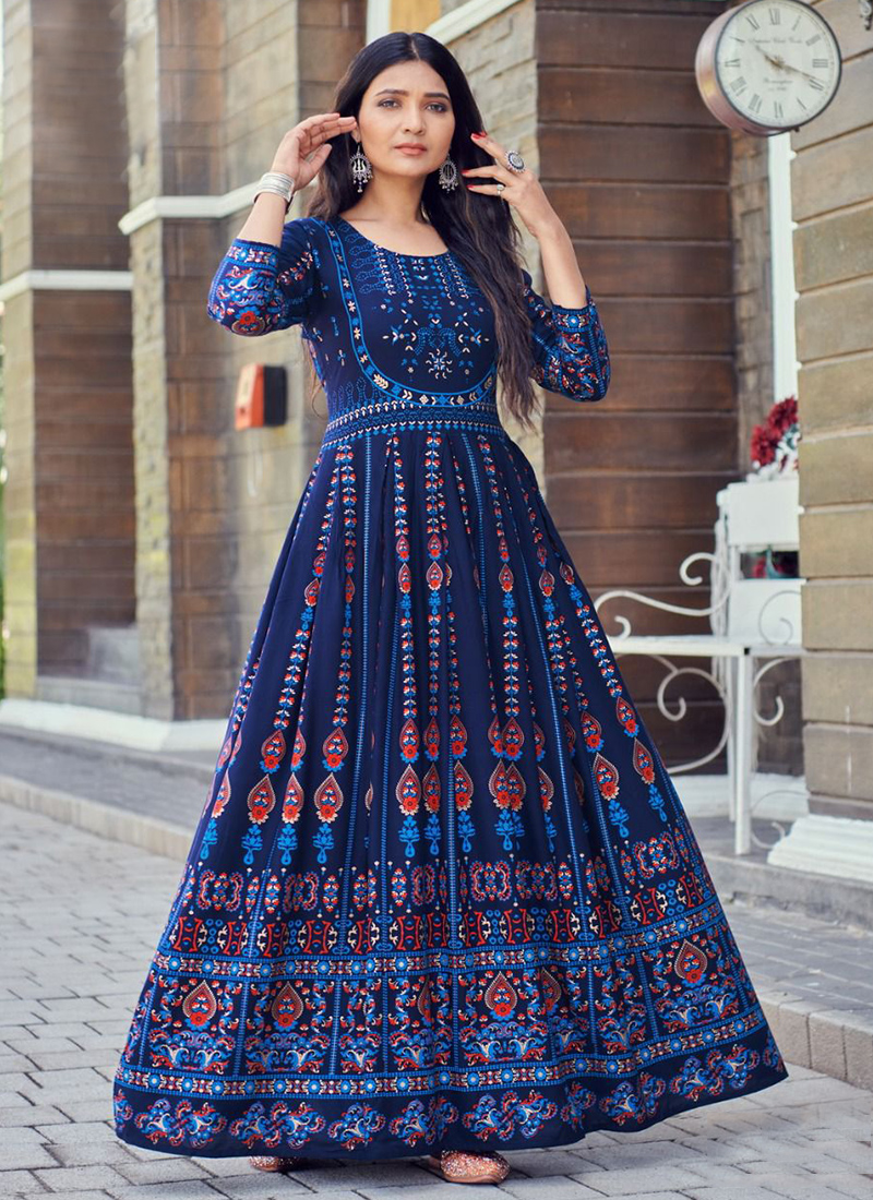 Walkway Vol 15 Blue Hills Rayon Foil Printed Long Gowns Collection Catalog