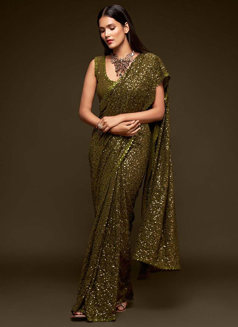 Buy Party Wear Pista Green Sequins Work Georgette Saree Online