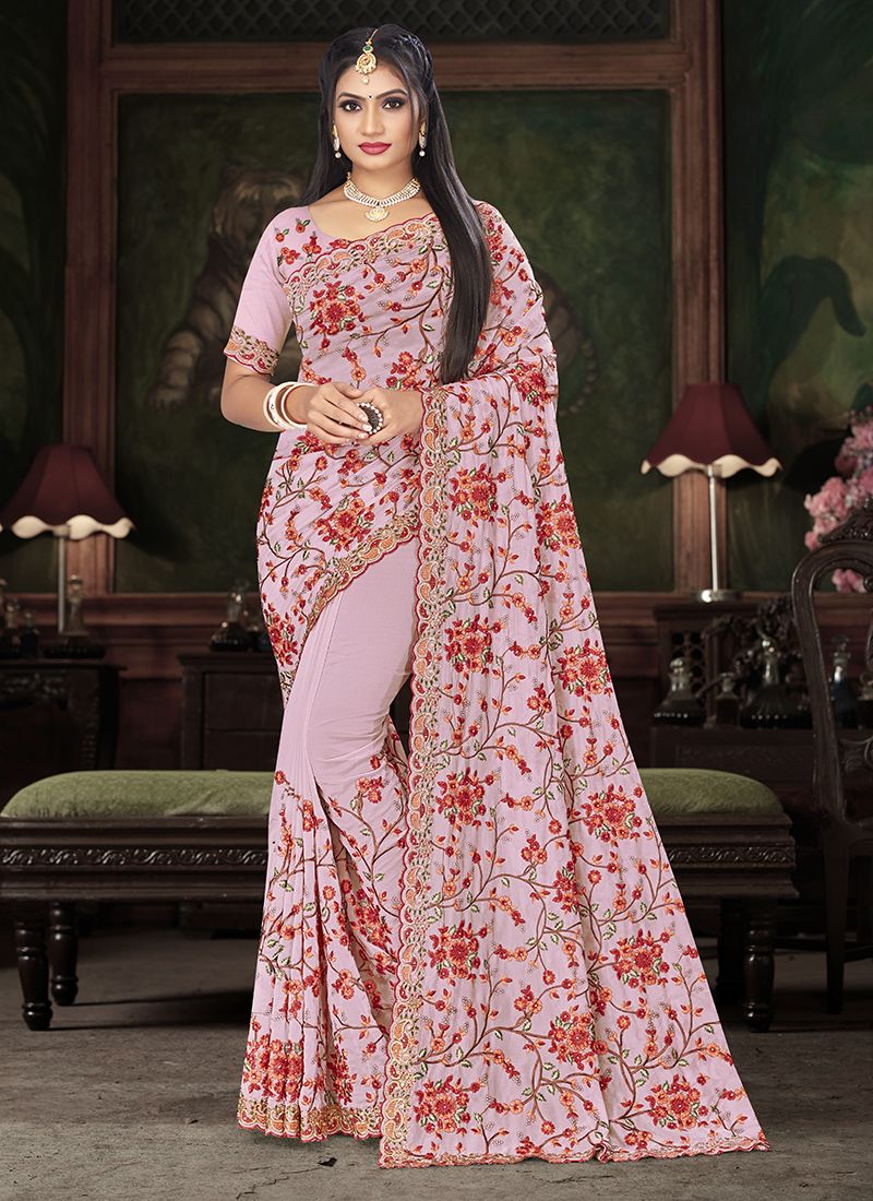 Daisy Pink Saree in Soft Silk Floral Print - Clothsvilla