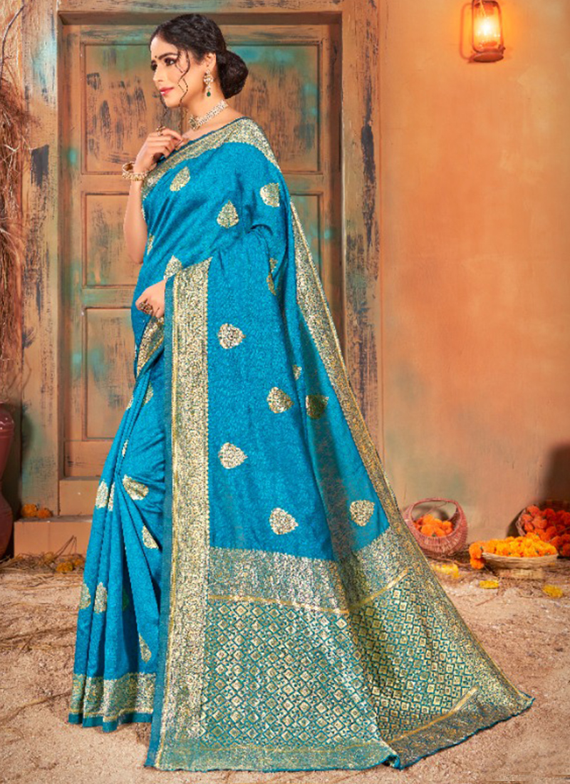 Blue abstract-style printed fancy softy silk saree with intricately  designed border & pallu