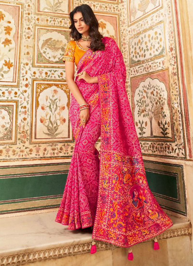 Buy Reception Wear Dark Pink Zari Work Pure Silk Saree Online From Surat  Wholesale Shop.