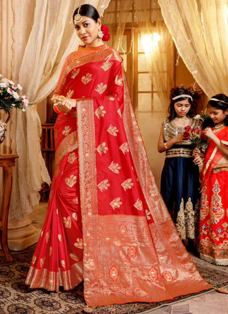 Delicate Red Saree with Embroidered Silk UK - sr16899