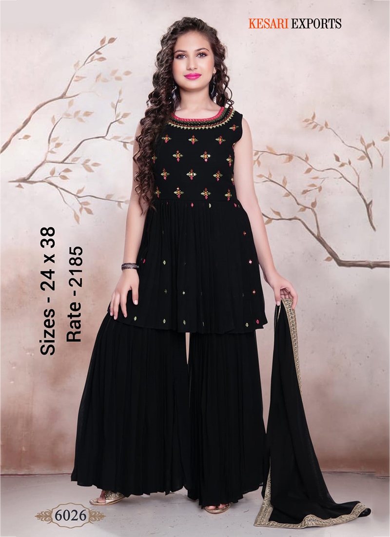 Designer Black Embroidery Work Readymade Kids Gorgeous Sharara Suits ...