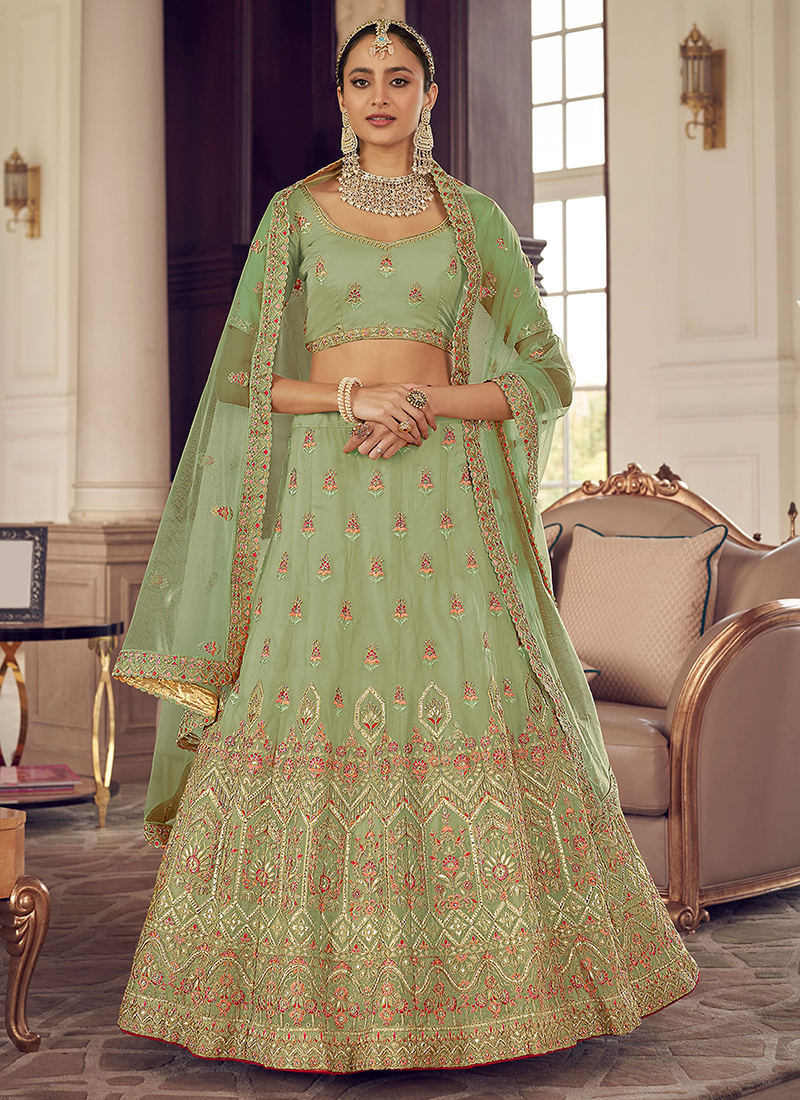 Green Georgette Floral Butti Lehenga Choli With Sequins, Thread, Gota Patti  Embroidery And Net Pink Dupatta | Exotic India Art