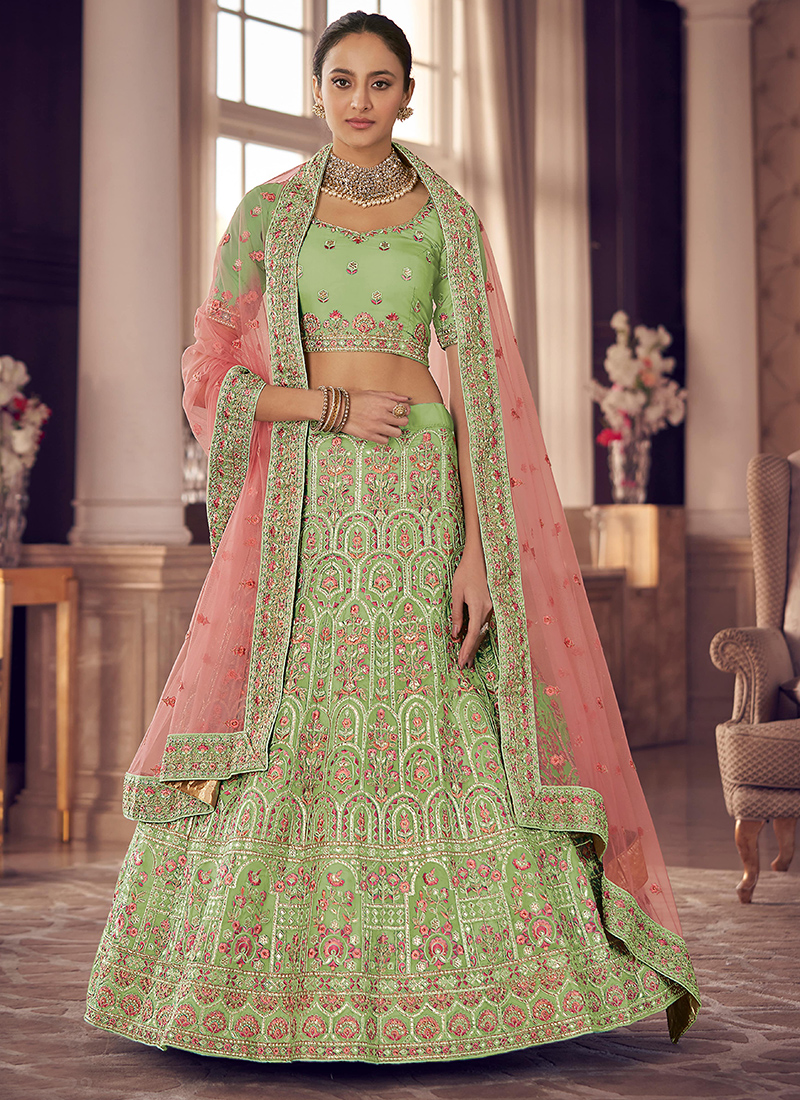 Shop Pista Green Lehenga Online in USA with Tassels and Cape Dupatta – Pure  Elegance