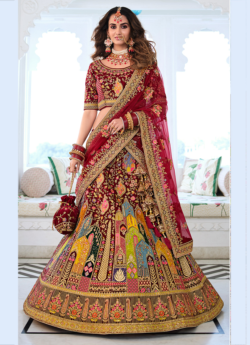 Royal Maroon Sparkle Rajwadi Silk Bridal Lehenga Choli Ensemble