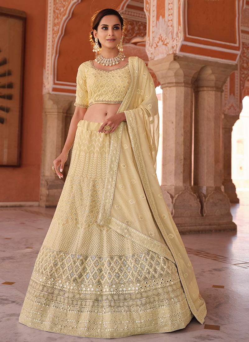 Thread Embroidered Georgette Fabric Reception Wear Off White Color Lehenga