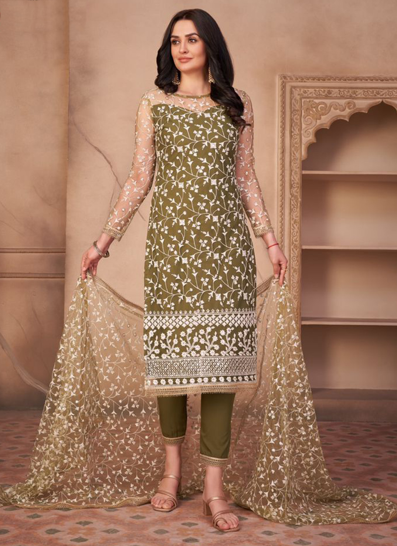 Buy Party Wear Green Thread Work Net Salwar Suit Online From Surat ...
