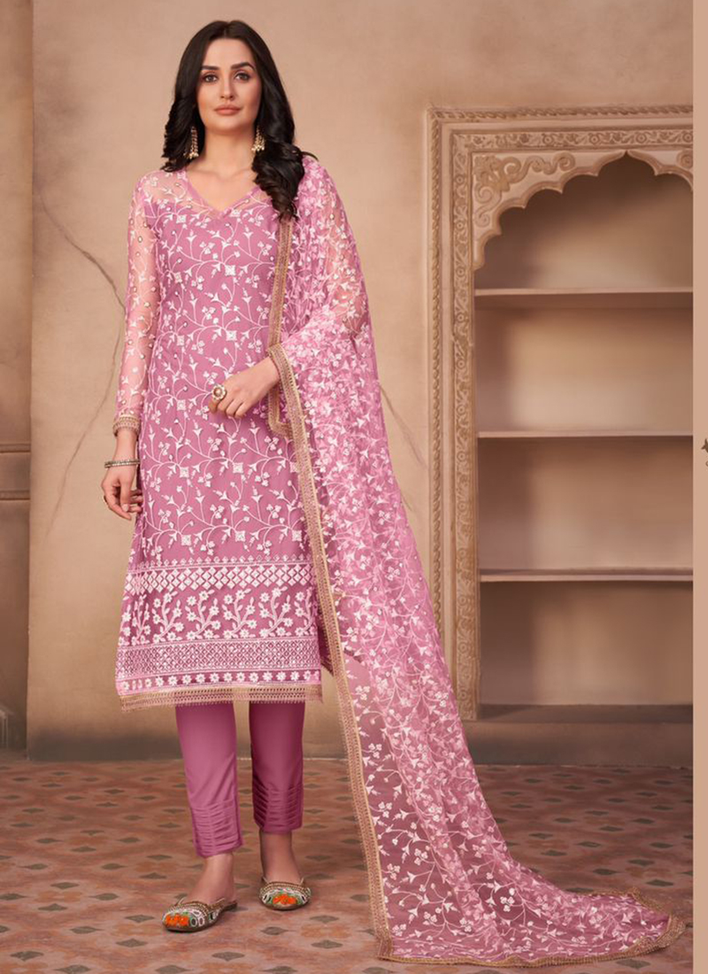 Buy Party Wear Onion Pink Thread Work Net Salwar Suit Online From ...