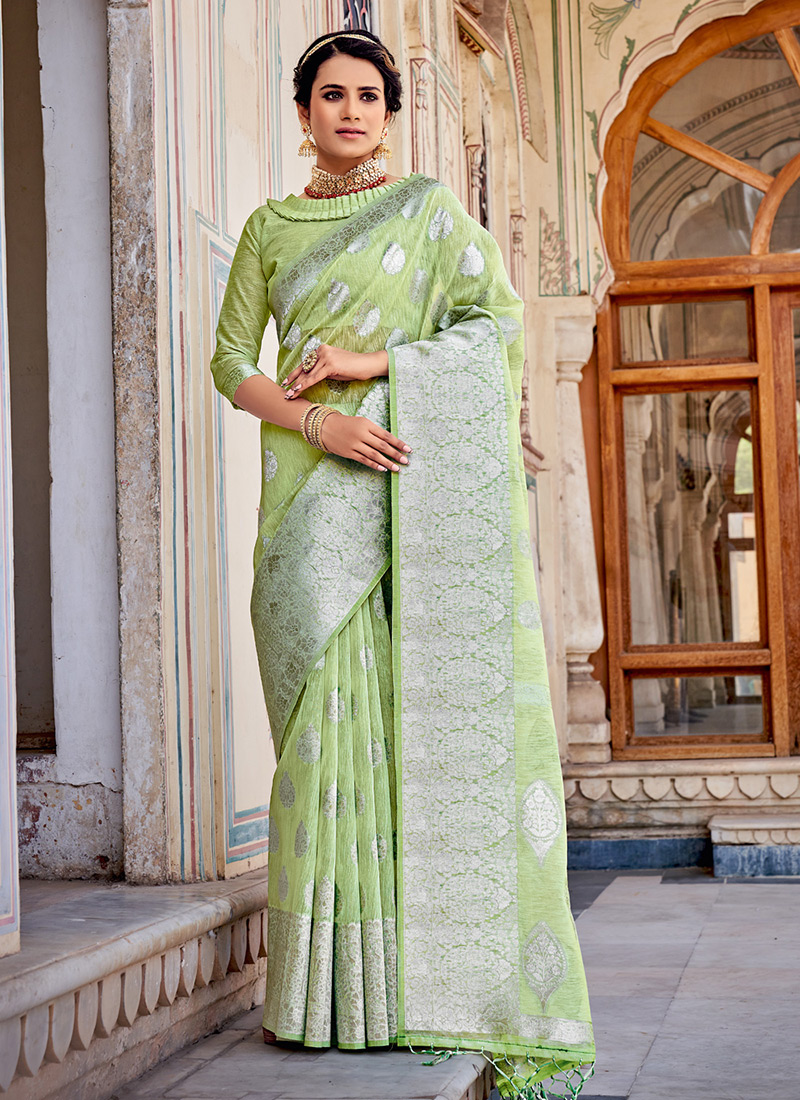 Buy Festival Wear Linen Silk Weaving Light Green Saree Online From