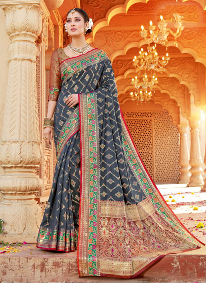 Buy Party Wear Silk Weaving Grey Saree Online From Surat Wholesale Shop.