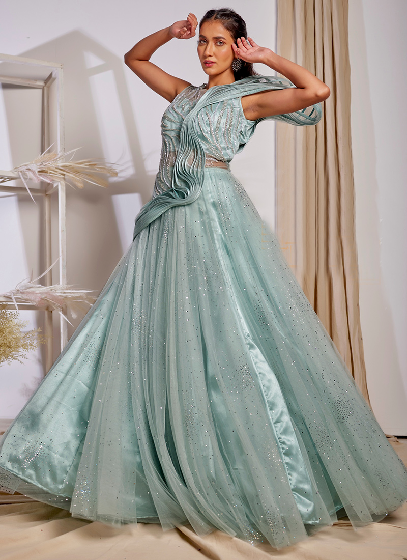 Pastel Sky Blue Shimmer Reception Party Net Gown [product_title] | OORVI  DESAI | Designer Indian Wedding Dresses in London