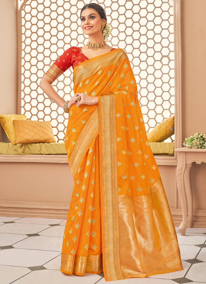 Orange Color Silk Cotton Saree with Rich Zari Pallu – BharatSthali