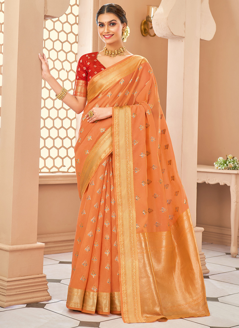 Peach Cotton Printed Saree