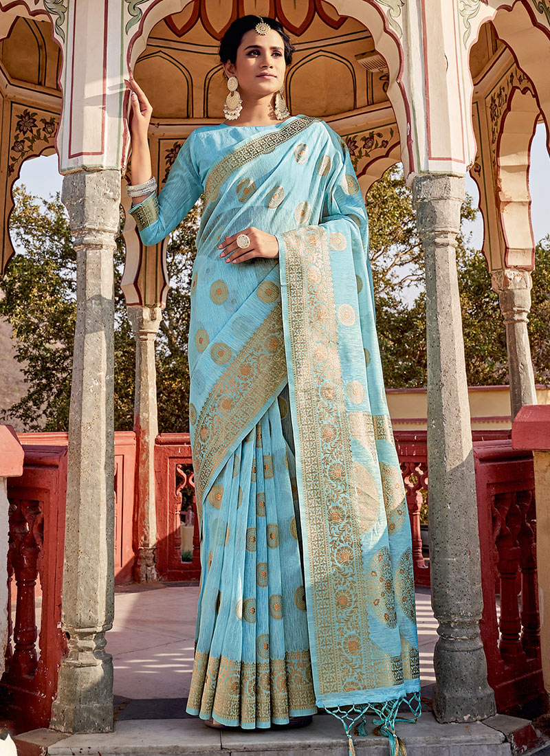 Buy Sky Blue Pure Plain Cotton Linen Saree-UNM72837 Online at  Unnatisilks.com|UNM72837