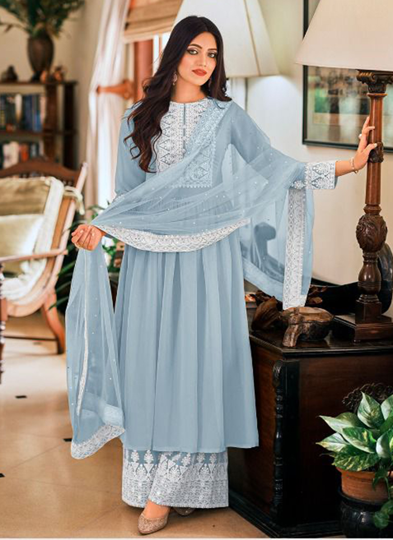 Party Wear Blue Embroidery Work Pure Georgette Readymade Salwar Suit DILNOOR 1340A