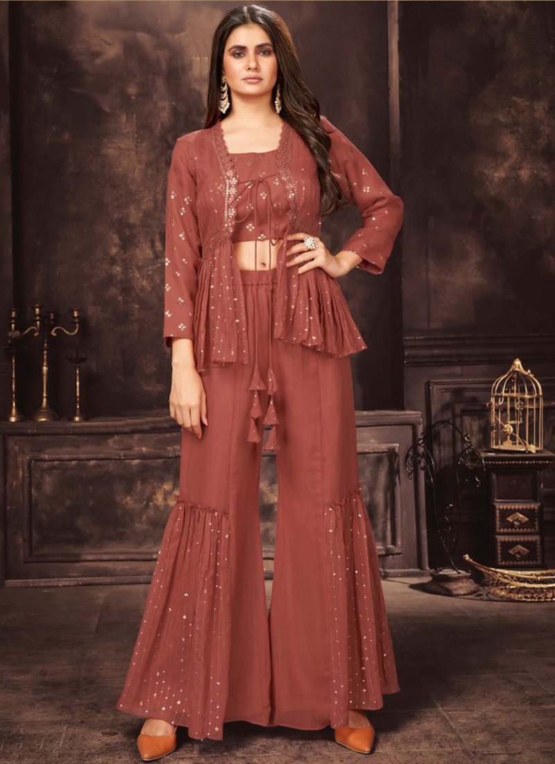 Chinon Fabric Reception Wear Embroidered Readymade Designer Palazzo Salwar  Kameez In Peach Color