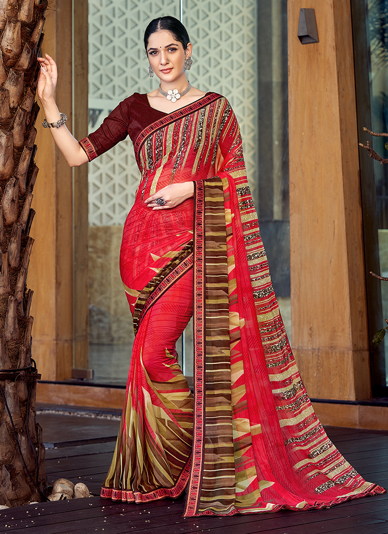Maroon Georgette Abstract And Foliage Printed Saree With Solid Borders at  Soch