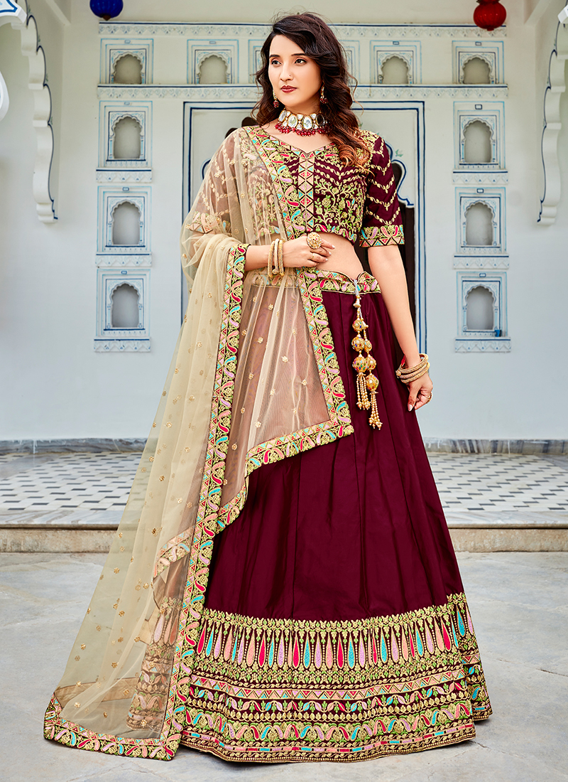 Buy Women Wine Floral Embroidered Lehenga Set With Blouse And Contrast  Dupatta - Feed Luxe Lehenga - Indya