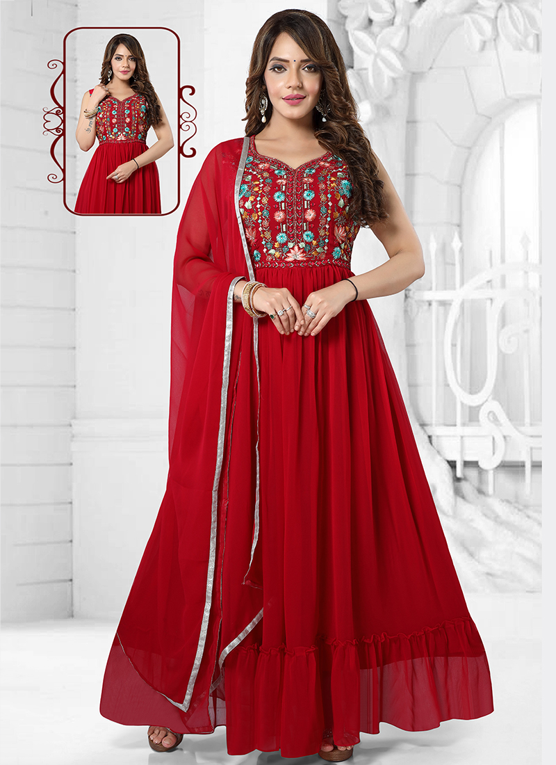 Buy Traditional Wear Red Resham Work Faux Georgette Gown With Dupatta ...