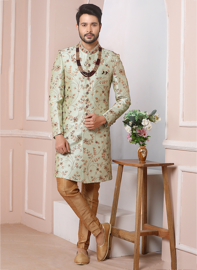 Green  Kurta Art Embroidered Banarasi Silk Aligadhi Pant main image 0